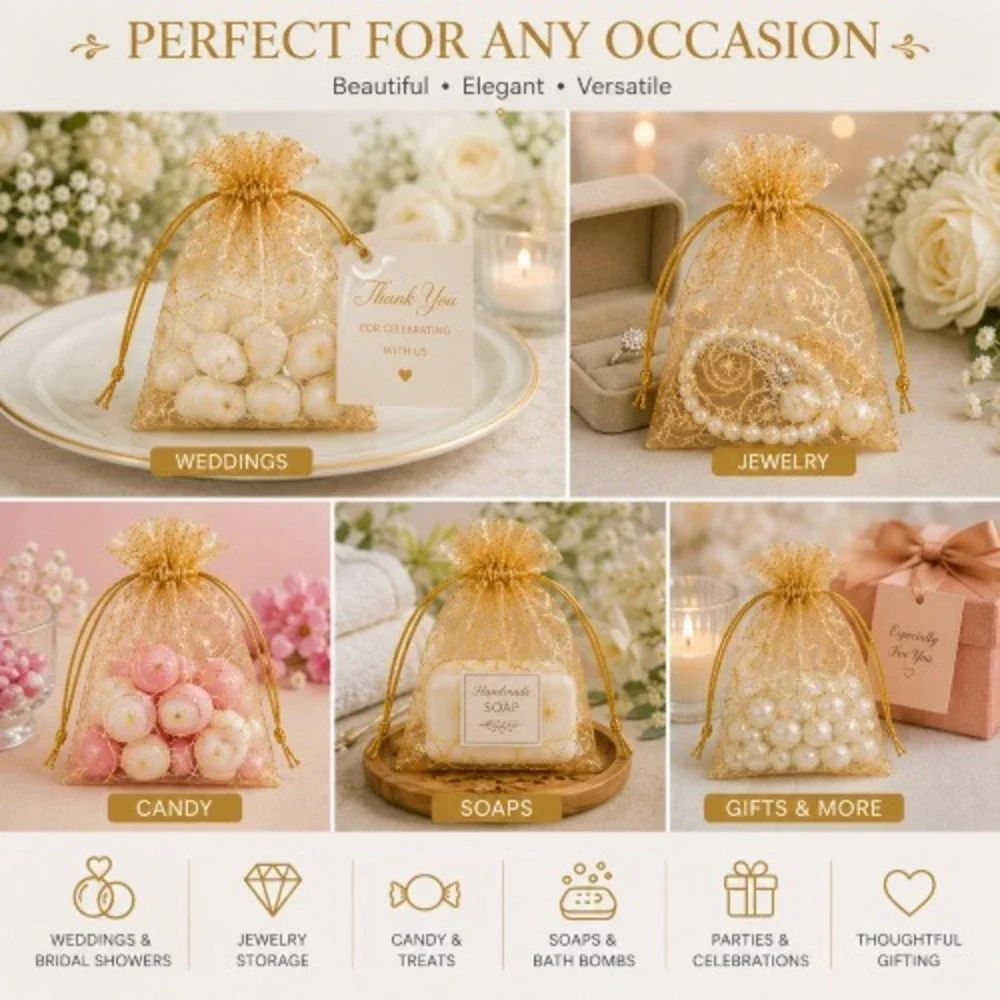 50PCS Gold Organza Gift Bags Drawstring Favor Bags Wedding Jewelry Party 4x4.7